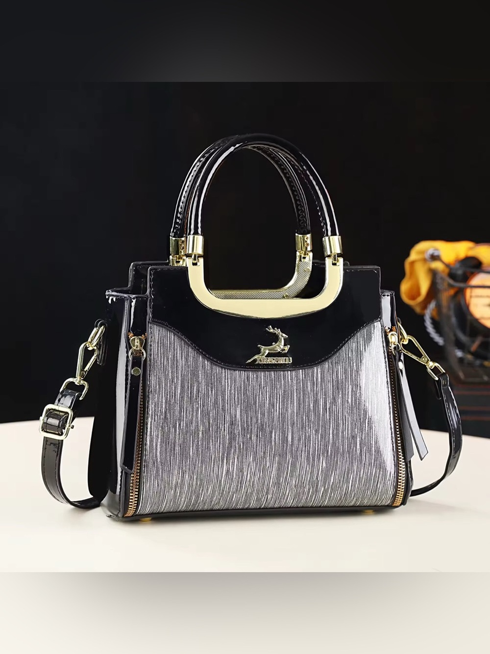Elegant Black and Silver Structured Tote Handbag